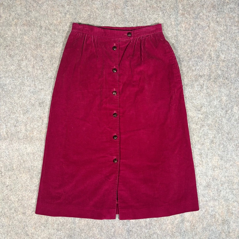 L.L. Bean Corduroy Skirt Womens 10 Burgundy Excellent Button Front Midi Vintage